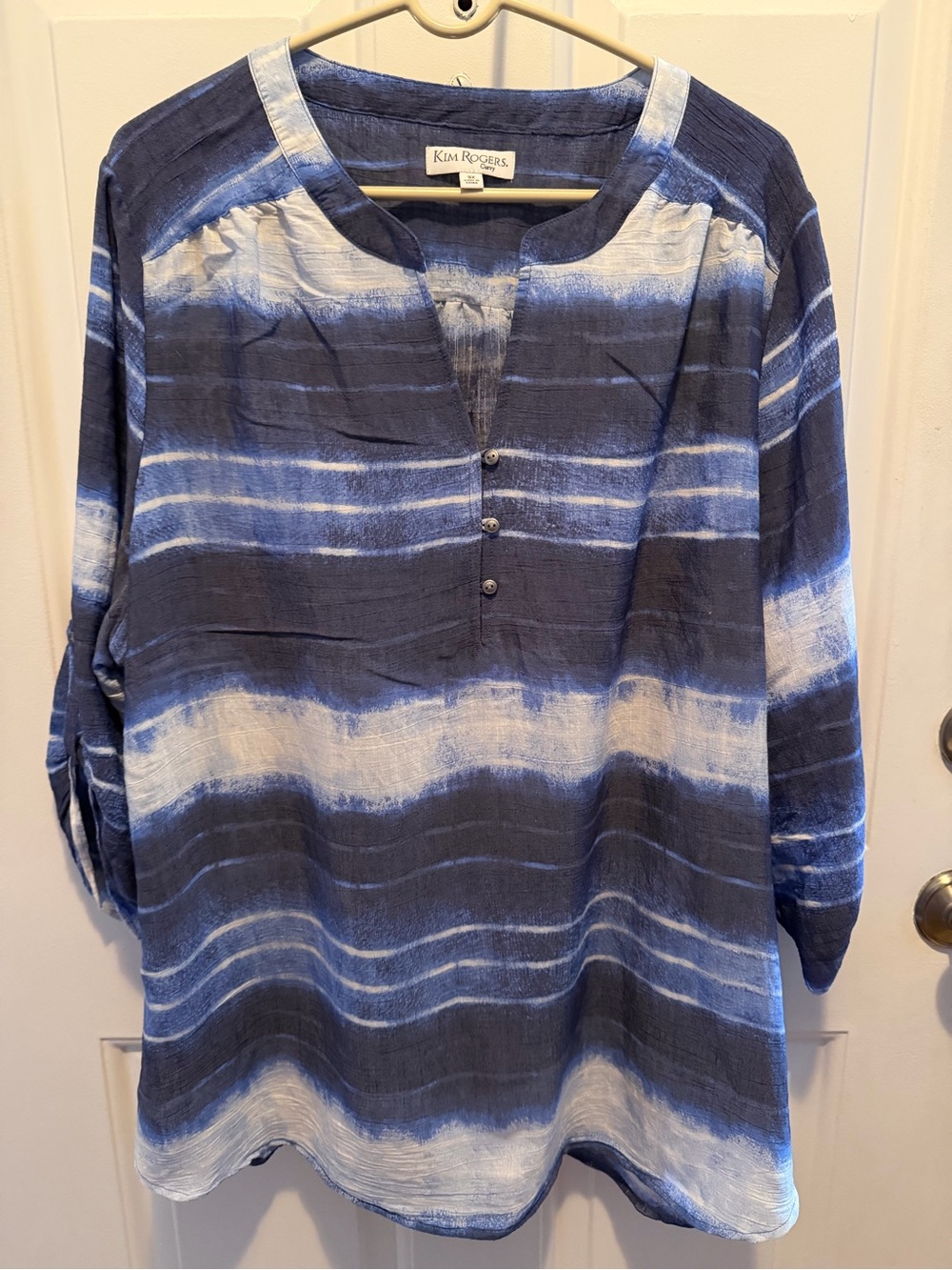 Kim Rogers Blue & White Striped Henley Button-Up Top